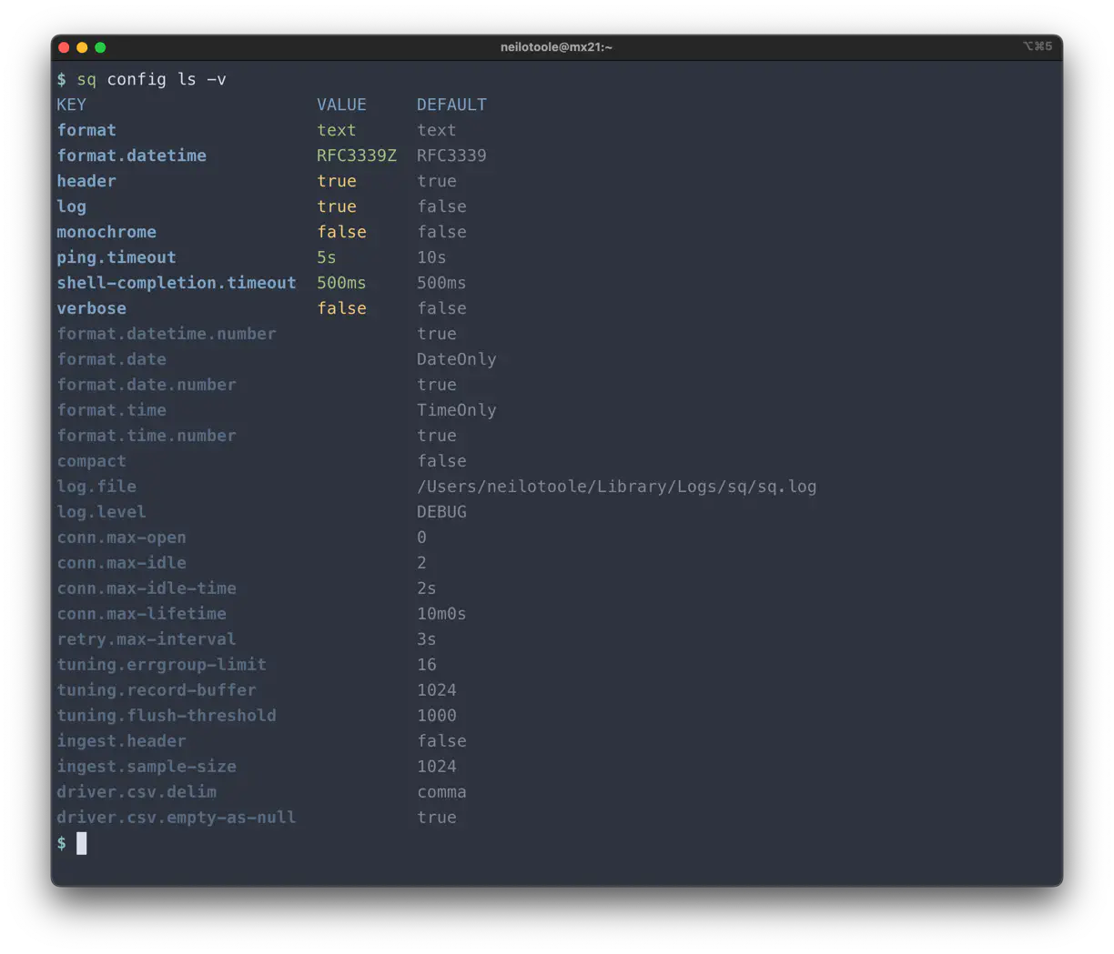 sq config ls -v