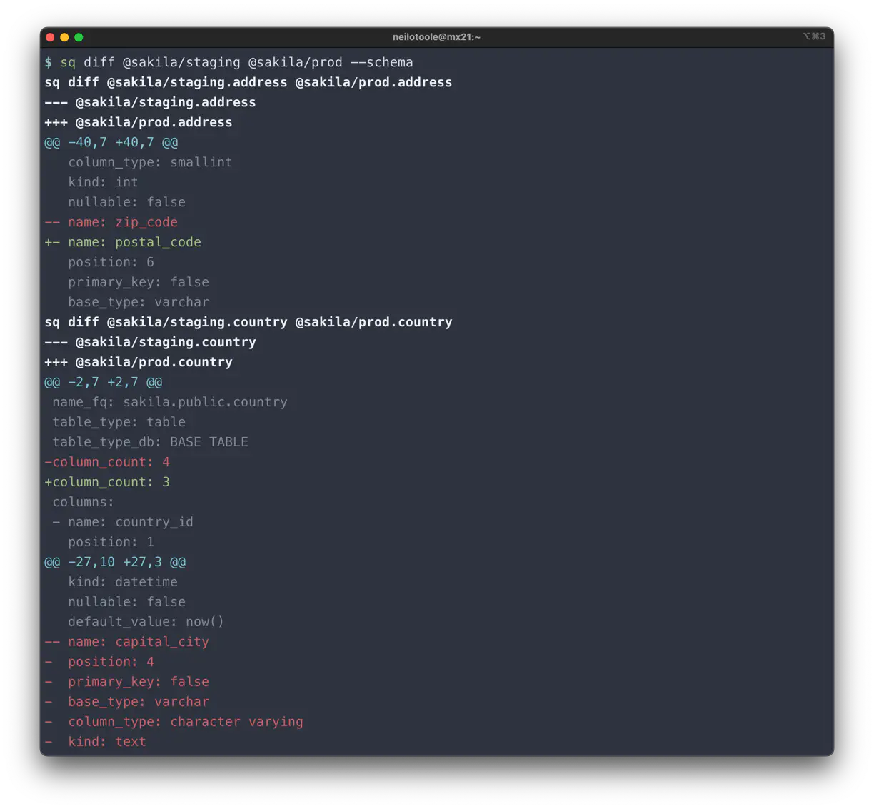 sq diff source schema