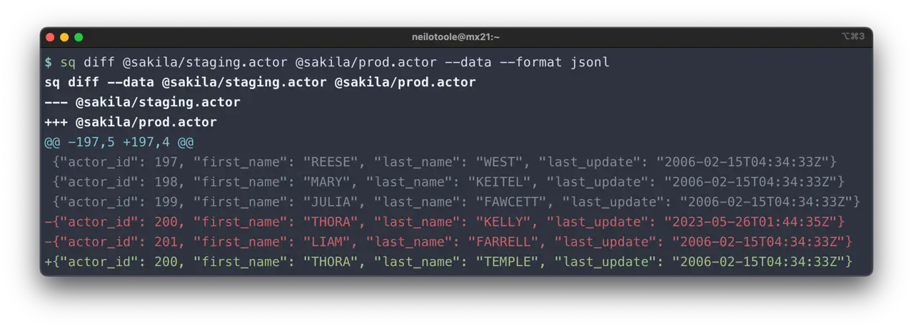 sq diff table data format