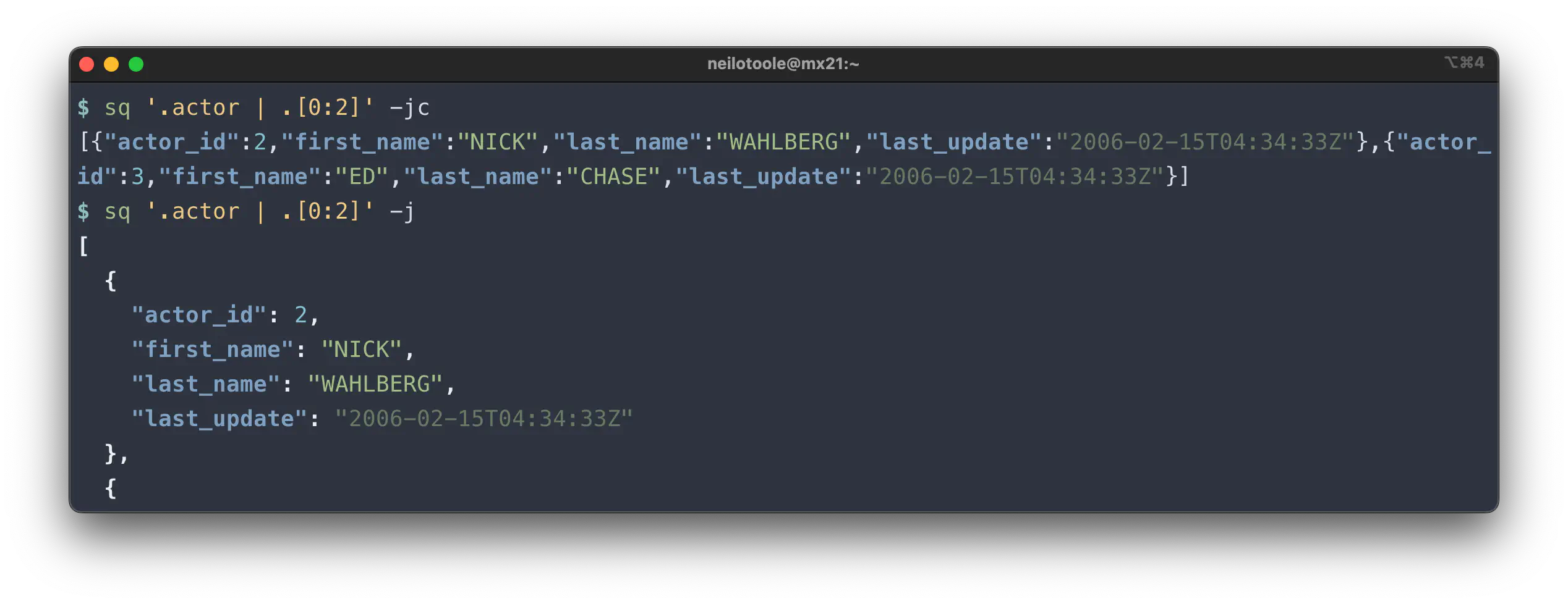 sq query -jc