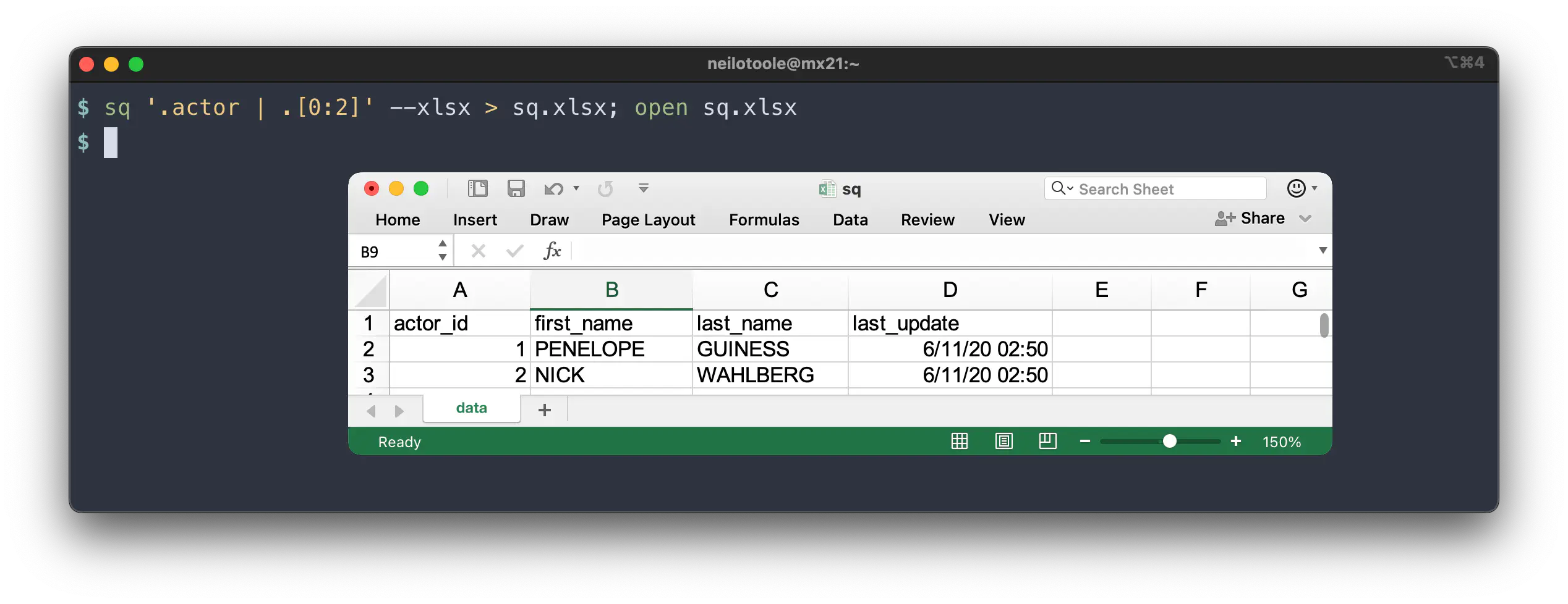 sq query &ndash;xlsx